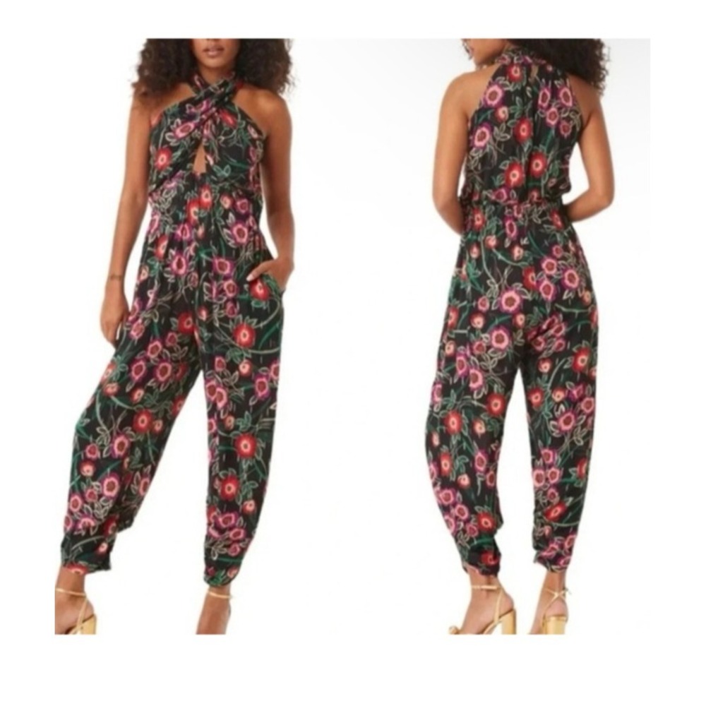 NWT MISA Los Angeles‎ Kora Floral Jumpsuit Womens Small Black Halter Chic Modern